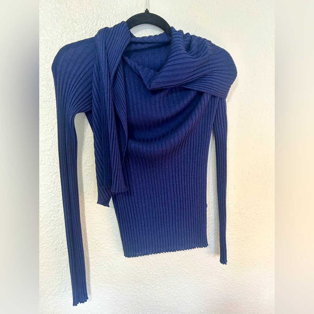 The Row Navy Blue Cashmere Wool Silk Sweater with Scarf